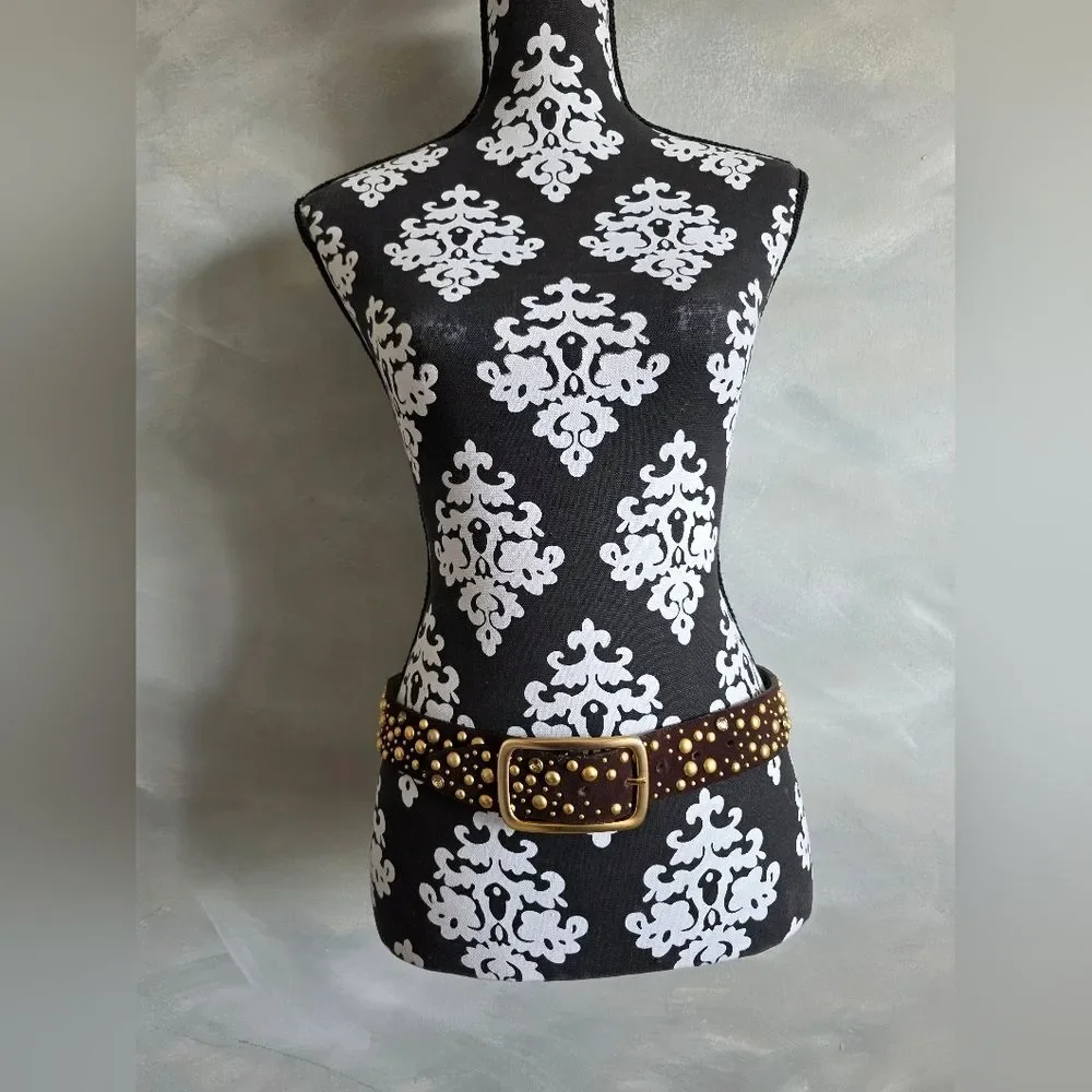 Brown Suede Leather Gold Studded Belt McBling Y2K Boh0 Sz M 38.5L
